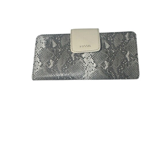 Fossil Madison Wallet Gray Leather Python Snake Clutch Organizer Fast Shipping - Picture 1 of 16